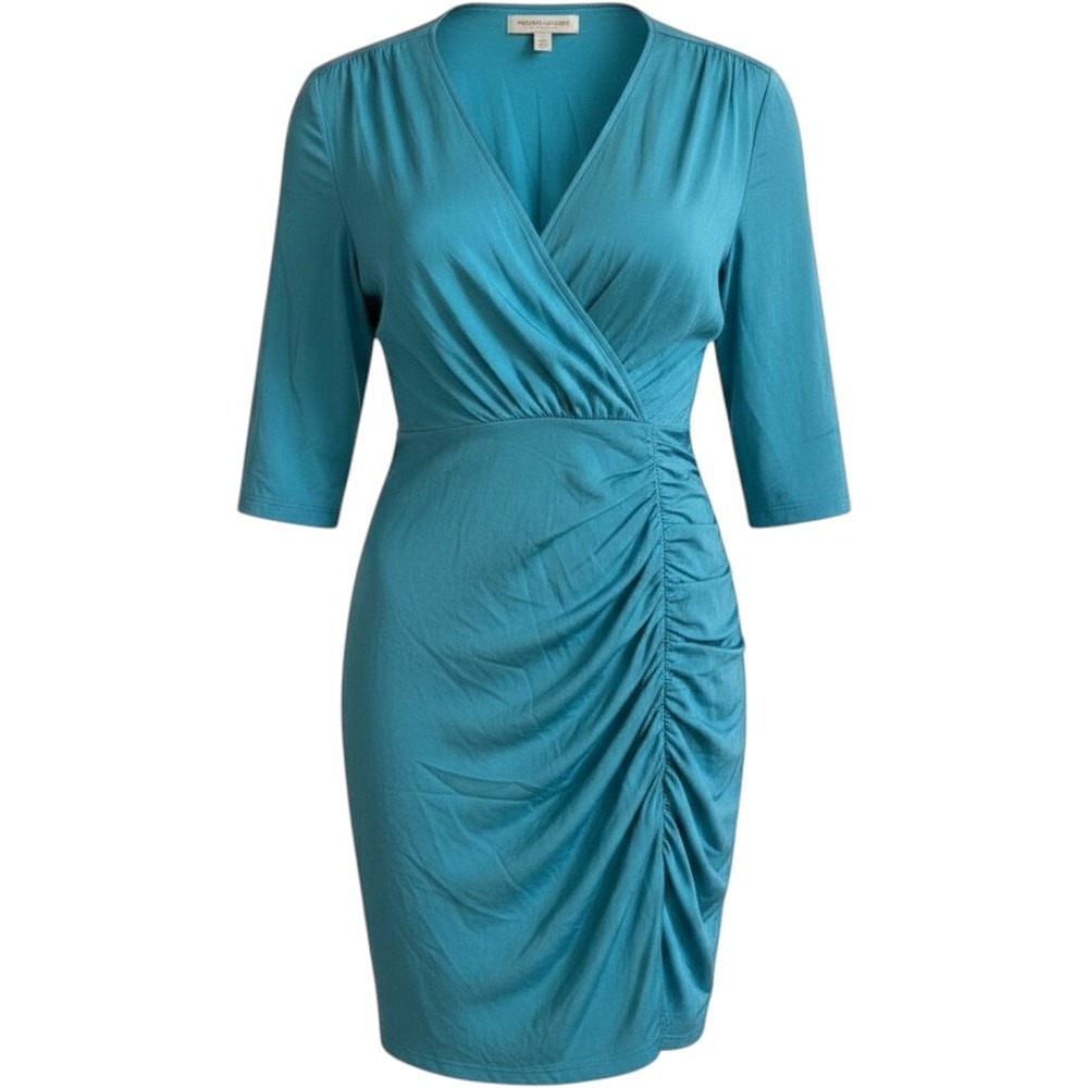 Catherine Malandrino Turquoise Silk Ruched V-Neck Mini Dress Size 8 Teal 3/4 Slv